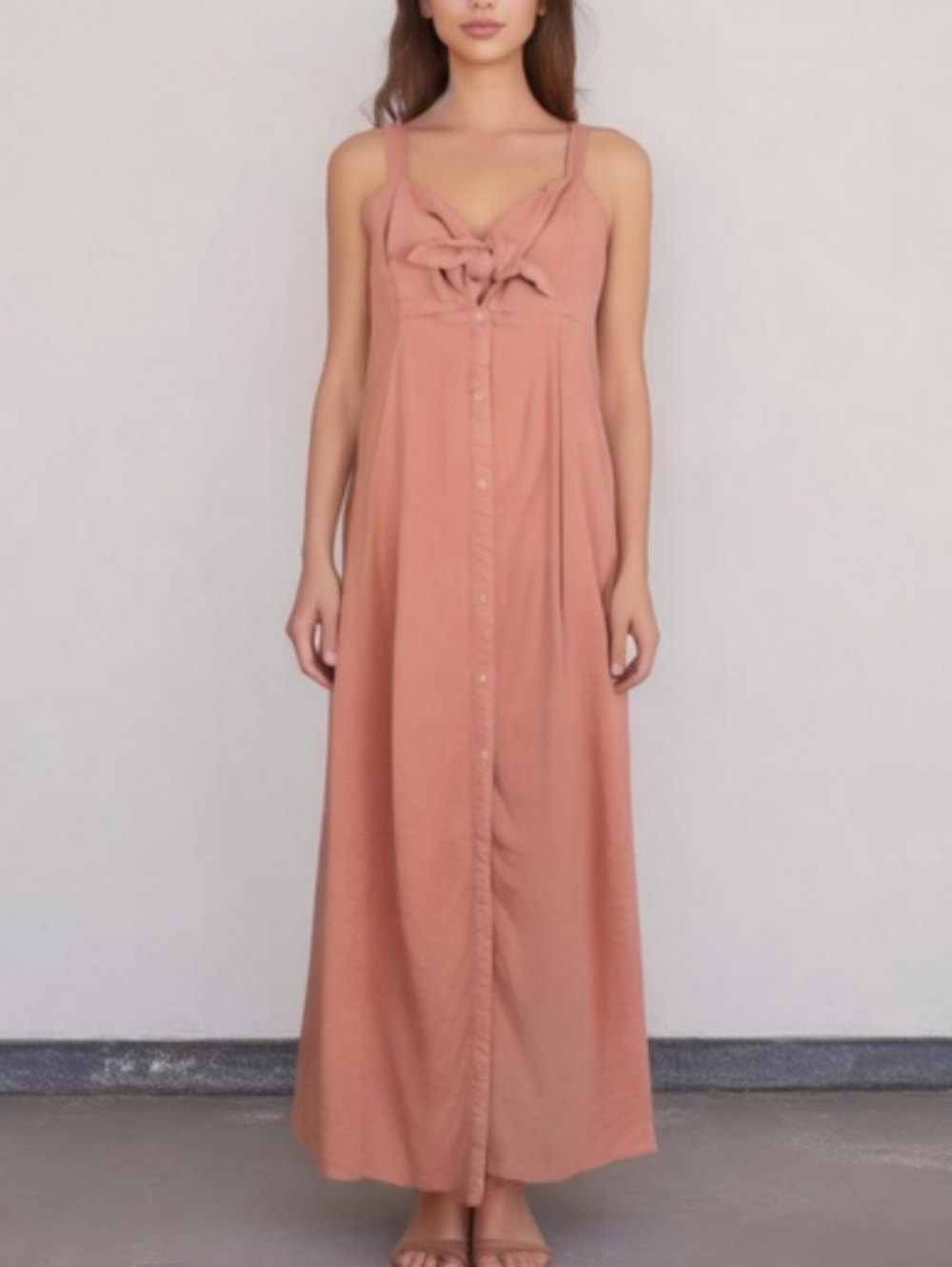 Splendid Pink Stretchy Full Length Linen Button-down Tie Top Keyhole Maxi Dress
